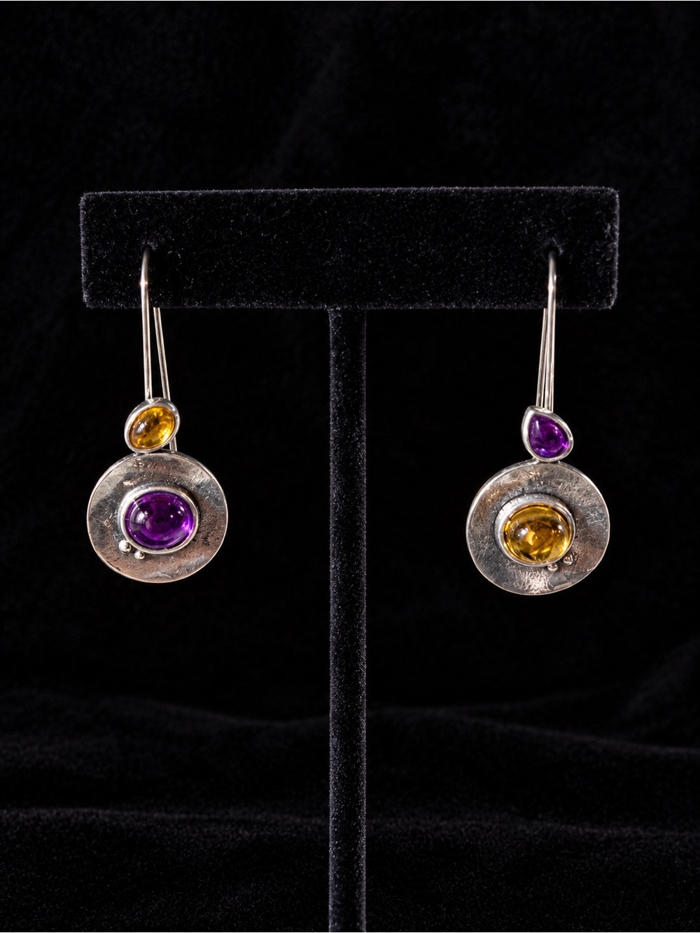 Silver Drop Earrings with Purple and Yellow Stones